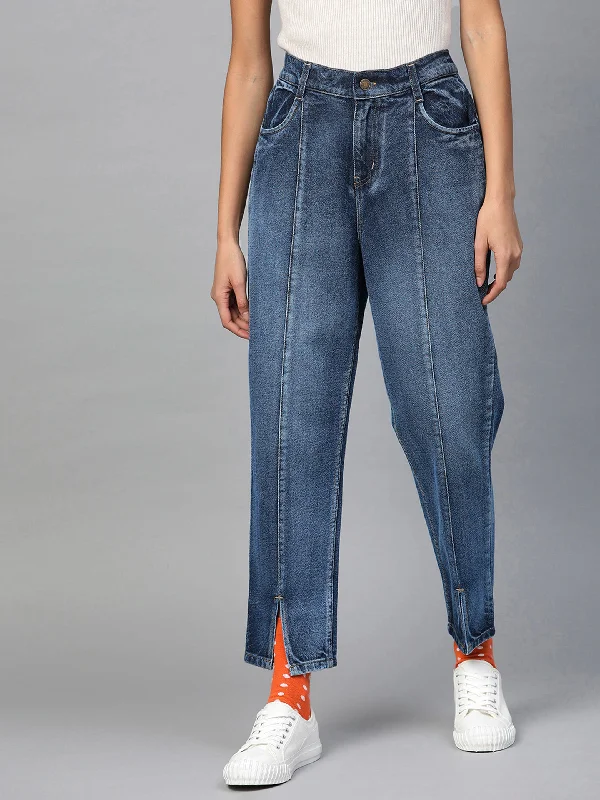 women's denim jeans for a relaxed lookBlue High Waist Front Slit Jeans