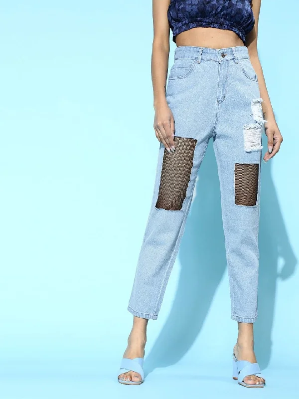 women's denim jeans with belt loopsBlue Mesh Net Cut Out Jeans