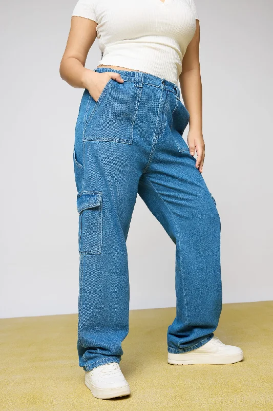 women's denim jeans for a vintage styleMid Blue Utility Curve Straight Fit Cargo Jeans