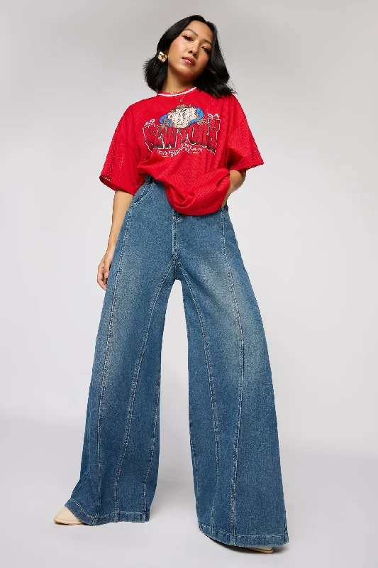 women's denim jeans for a trendy vibeClassic Navy Denim Flared Korean Pants