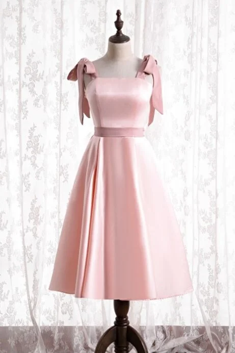 empire waist party dressesKnee Length Pink Satin Party Dress with Tie Shoulders