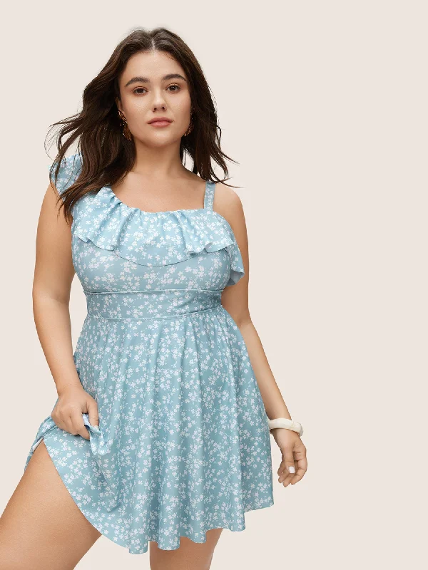 Ditsy Floral Asymmetrical Neck Ruffles Swim Dress