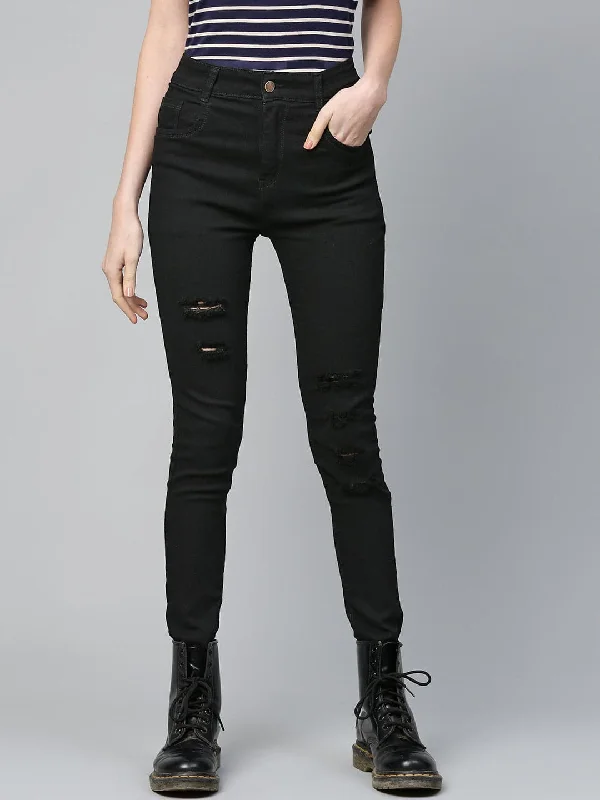 women's distressed denim jeans with holesBlack Heavy Distressed Multi-Slit Jeans