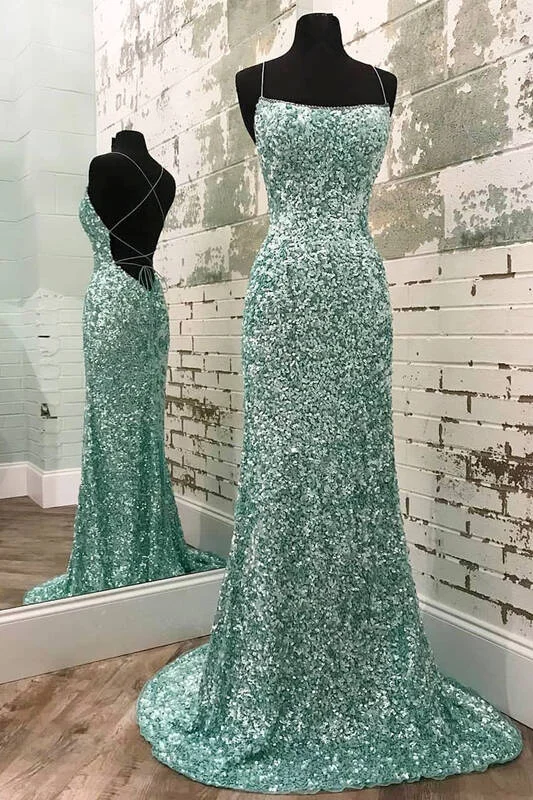 elegant party dressesMint Green Sequined Mermaid Long Evening Dress