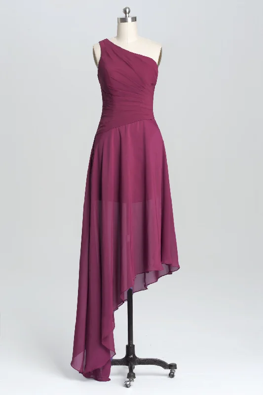 long party dressesOne Shoulder Plum Asymmetric Chiffon Long Party Dress