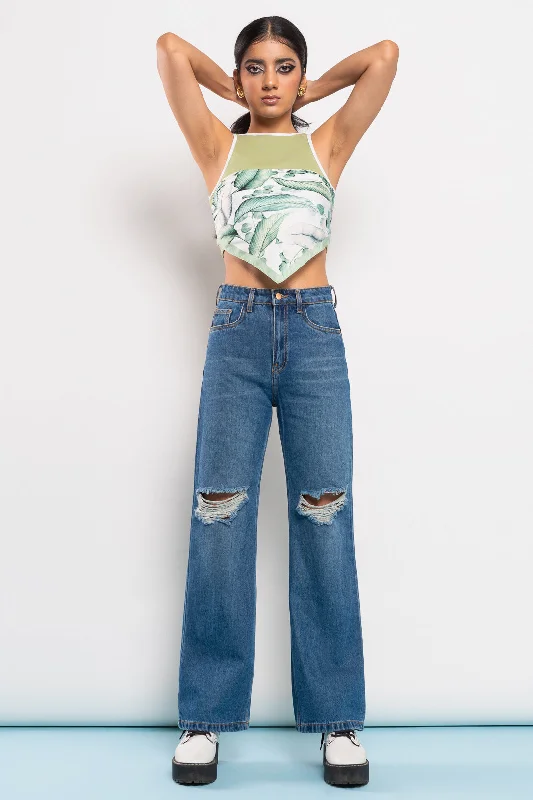 women's denim jeans with cotton blendRipped Wide Leg Jeans