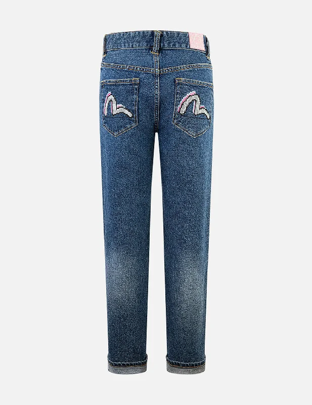 women's denim jeans with ripped kneesPixel Seagull Embroidery Relax Jeans