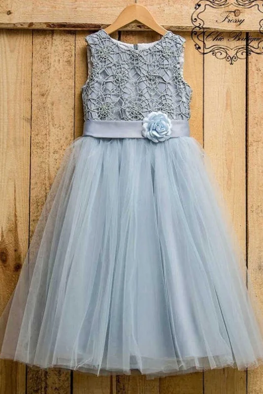 stretchy party dressesDusty Blue Tulle Flower A-Line Girl Party Dress