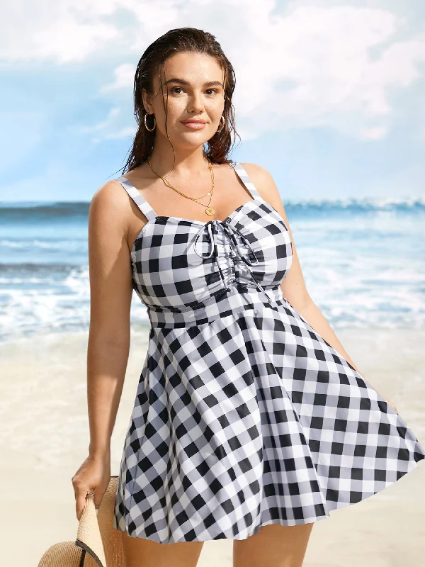 Plaid Heart Neckline Drawstring Ruched Swim Dress