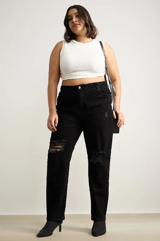 women's elastic waist denim jeansCurve Ebony Elasticated Distress Mom Jeans