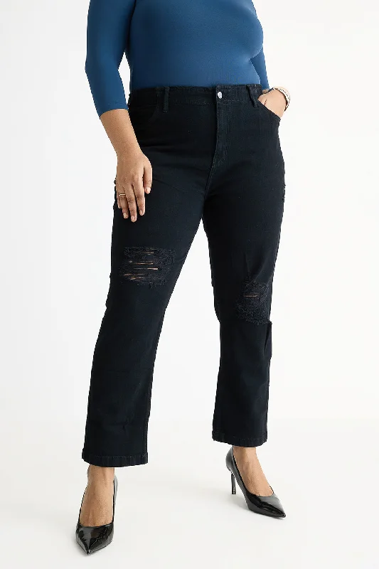 women's denim jeans for a bohemian lookCurve Black Elasticated Distress Mom Jeans