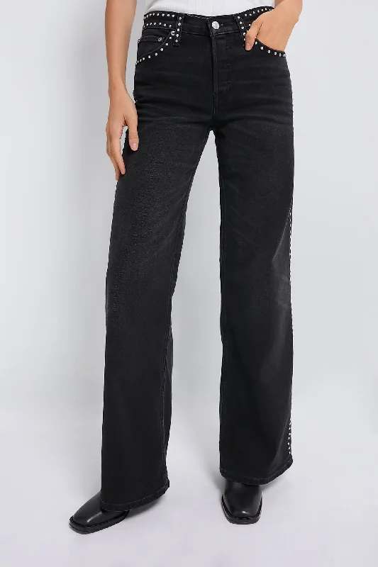 women's denim jeans with embroidery on pocketsBlack Studded Mid Rise Wide Leg