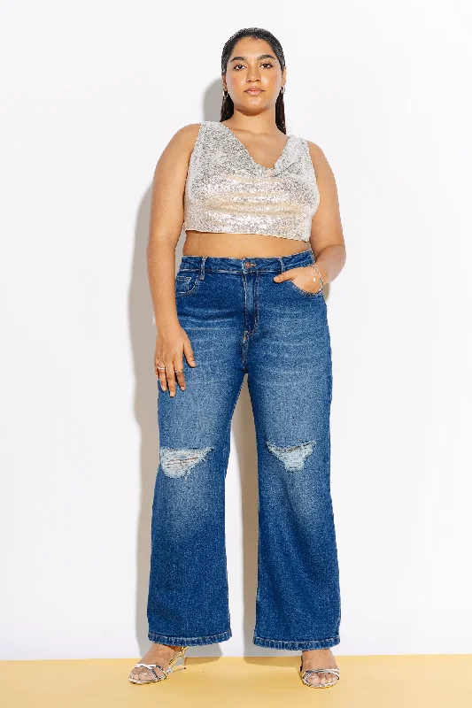 women's denim jeans for a stylish outfitCurve Knee Ripped Wide Leg Jeans