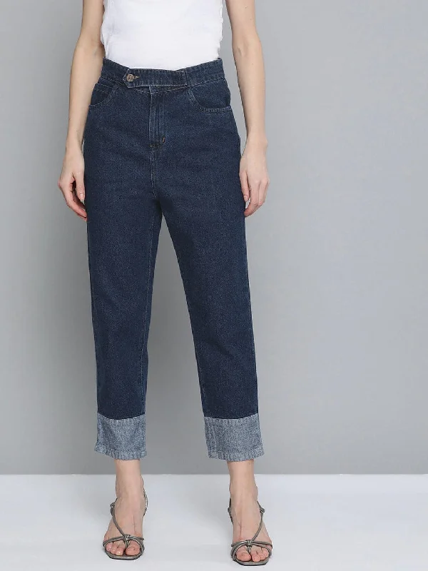 women's denim jeans with zipper-fly closureNavy Contrast Detail At Hem Slouchy Jeans