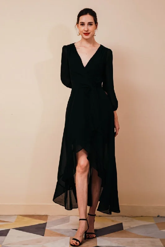 sweetheart-neck party dressesHigh Low Black Chiffon Long Sleeves Party Dress