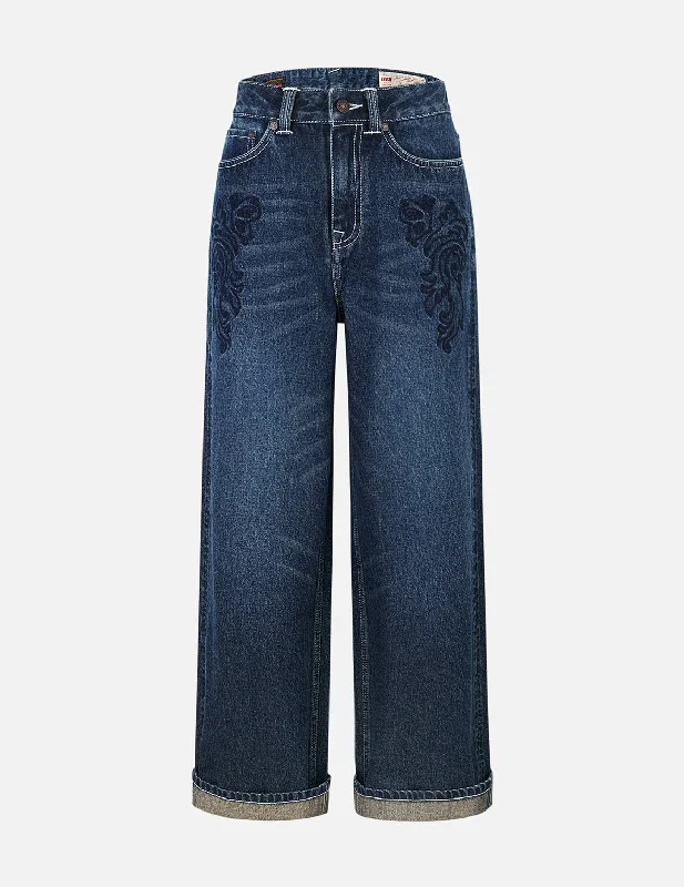 women's low-rise denim jeansButterfly and Seagull Embroidery Wide-leg Jeans