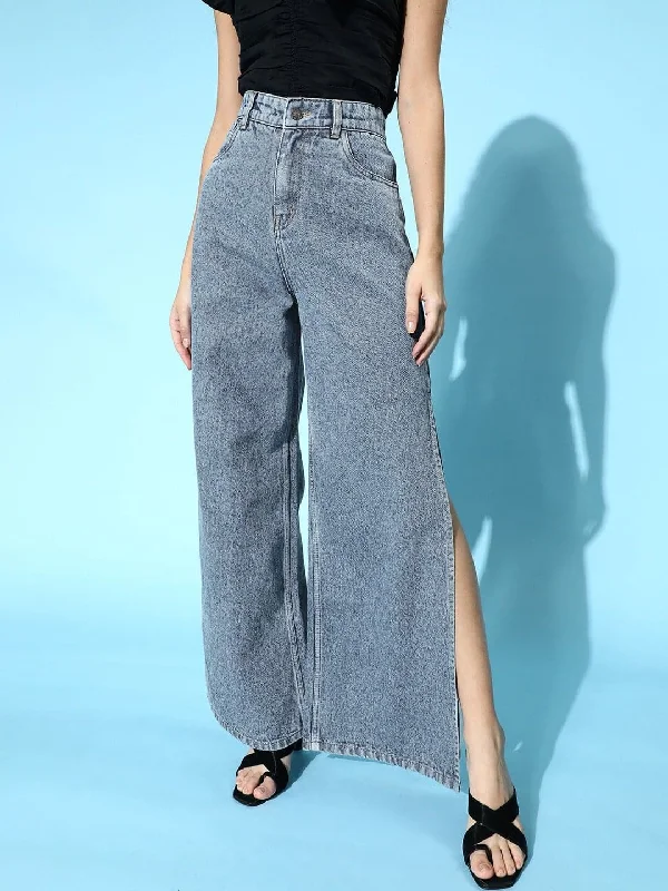 women's denim jeans for a night at the clubBlue Side Slit Straight Jeans