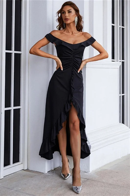 midi party dressesBlack Off the Shoulder High Low Party Dress