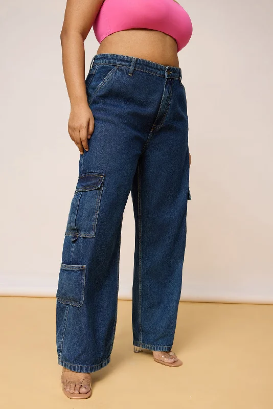 women's capri denim jeansCurved Blue Denim Cargo Jeans