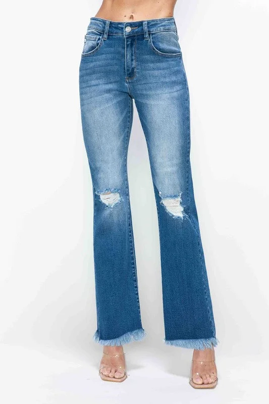 women's denim jeans with distressed hemsbytos Full Size Raw Hem Distressed High Rise Bootcut Jeans