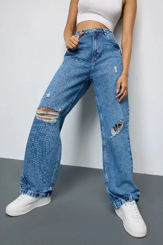 women's denim jeans for business casualMid Blue Grunge Style Ripped Jeans