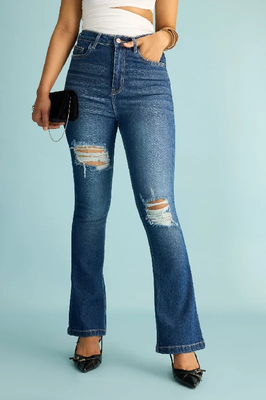 women's denim jeans with elastaneVintage Sky Distress Bootcut Jeans