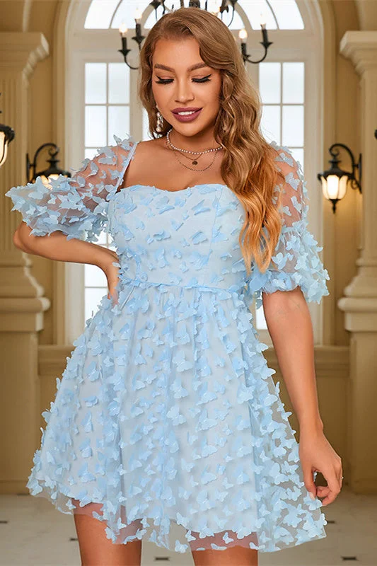 plus-size friendly party dressesA-Line Light Blue Short Party with 3D Butterflies.