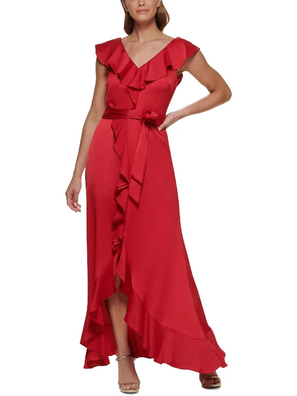 statement-making party dressesWomens Ruffled V-Neck Evening Dress