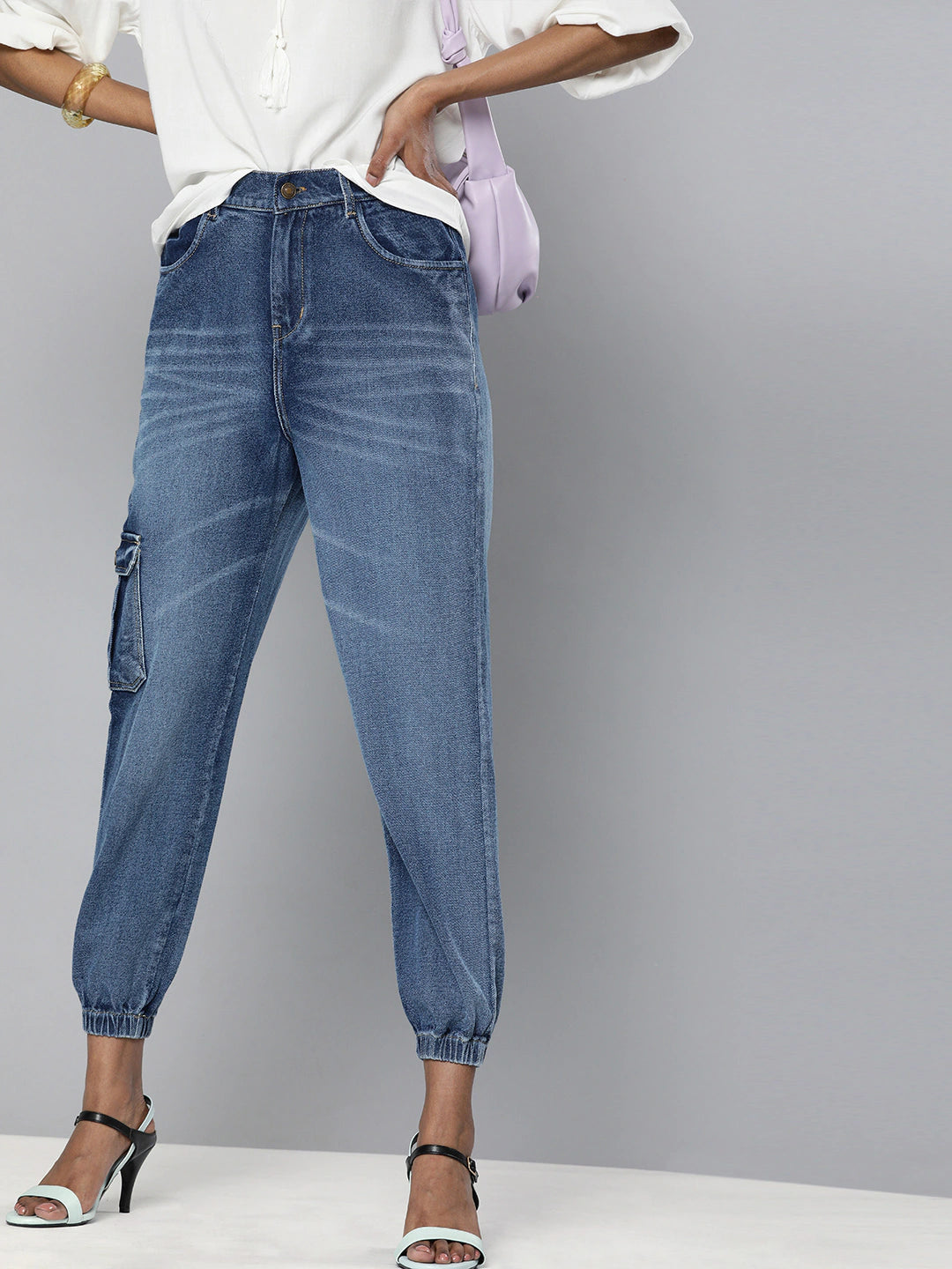 women's denim jeans with raw hemsBlue Street Wear Jogger Jeans