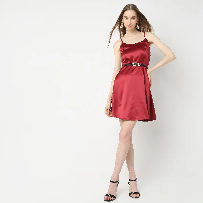 striped party dressesFlare Fit Shoulder Strap Satin Party Dress