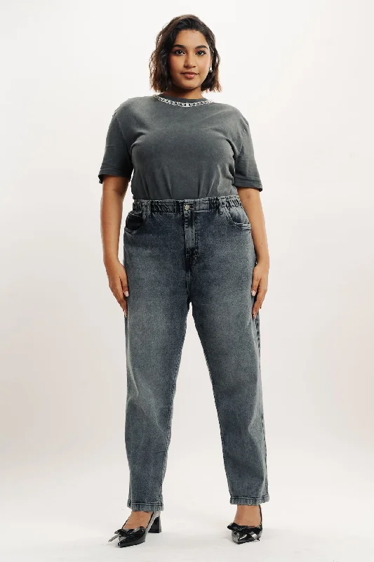 women's denim jeans with zippersCurve Dark Charcoal Stretch Mom Jeans