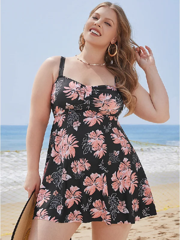 Floral Print Gathered  Adjustable Straps Swim Dress