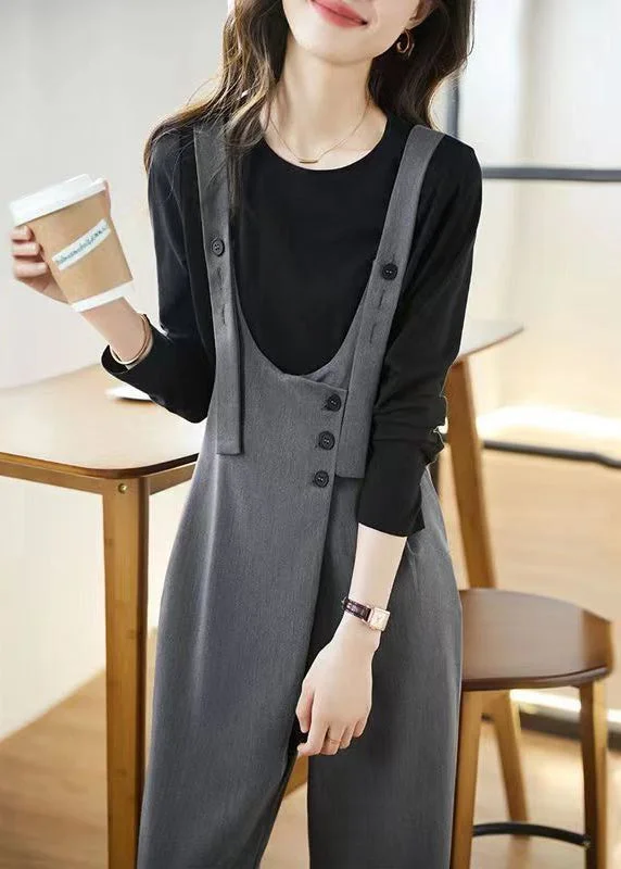 women's jumpsuits with round necksChic Grey Pockets High Waist Patchwork Cotton Jumpsuits Fall