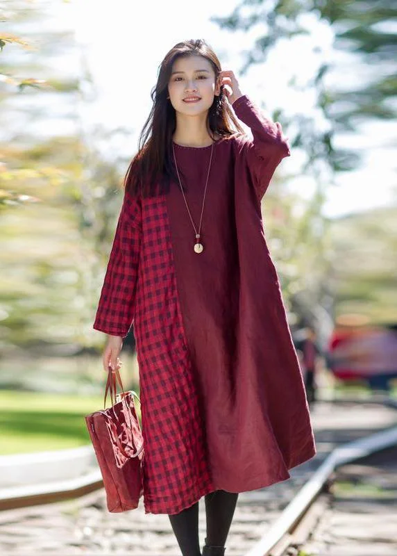 midi wrap dressesFrench linen Robes Metropolitan Museum Vintage Plaid Spliced Long Sleeve Midi Dress