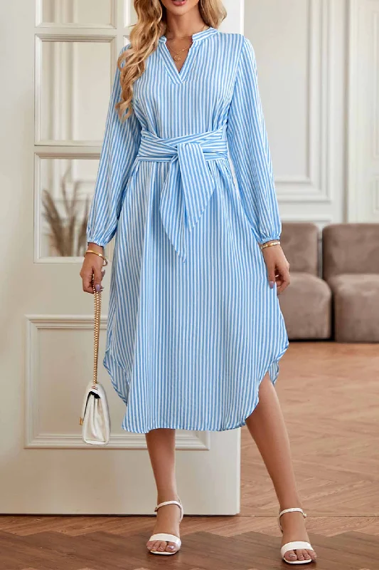 midi cocktail dressesV Neck Striped Tie Waist Long Sleeve Midi Dress