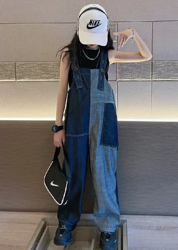 women's jumpsuits with V-necksChic Navy Pockets High Waist Girls Denim Overalls Jumpsuit Fall