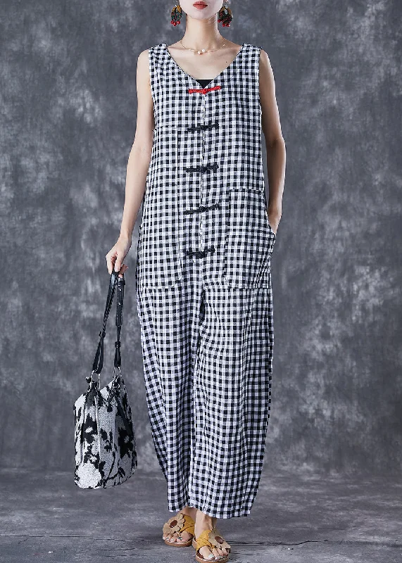 women's jumpsuits with flutter sleevesArt Oversized Plaid Chinese Button Linen Jumpsuit Summer