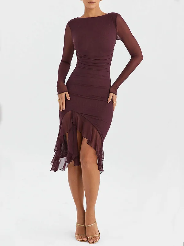 velvet midi dressesWine Ruffle Stylish Midi Dress