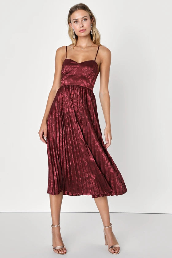 chic midi dressesSatin Jacquard Pleated Midi Dress