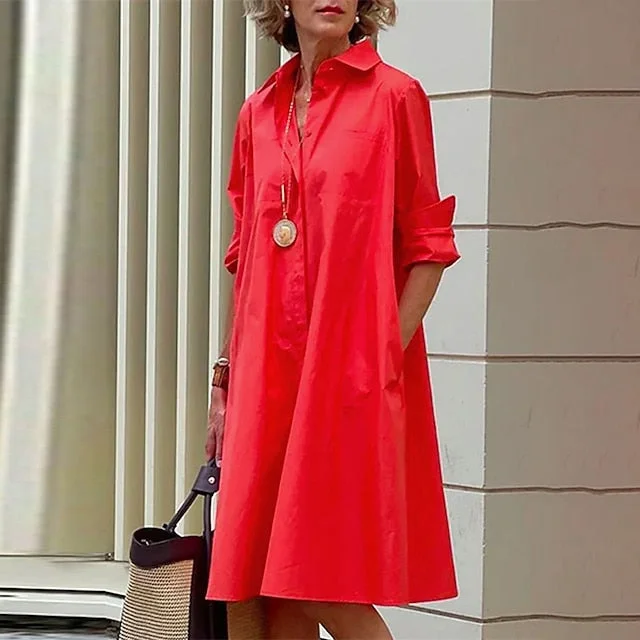 two-piece midi dressesCityHottie - Women's Shirt Dress Casual Dress Shift Dress Midi Dress Outdoor Winter Dress Daily Polyester Elegant Casual Shirt Collar Pocket Rolled Cuff Long Sleeve Summer Winter Fall Spring 2024 Loose Fit Red