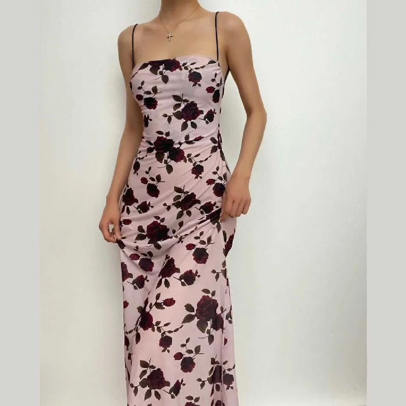 lightweight midi dressesFlower print low cut spaghetti strap contrast lace up backless midi dress