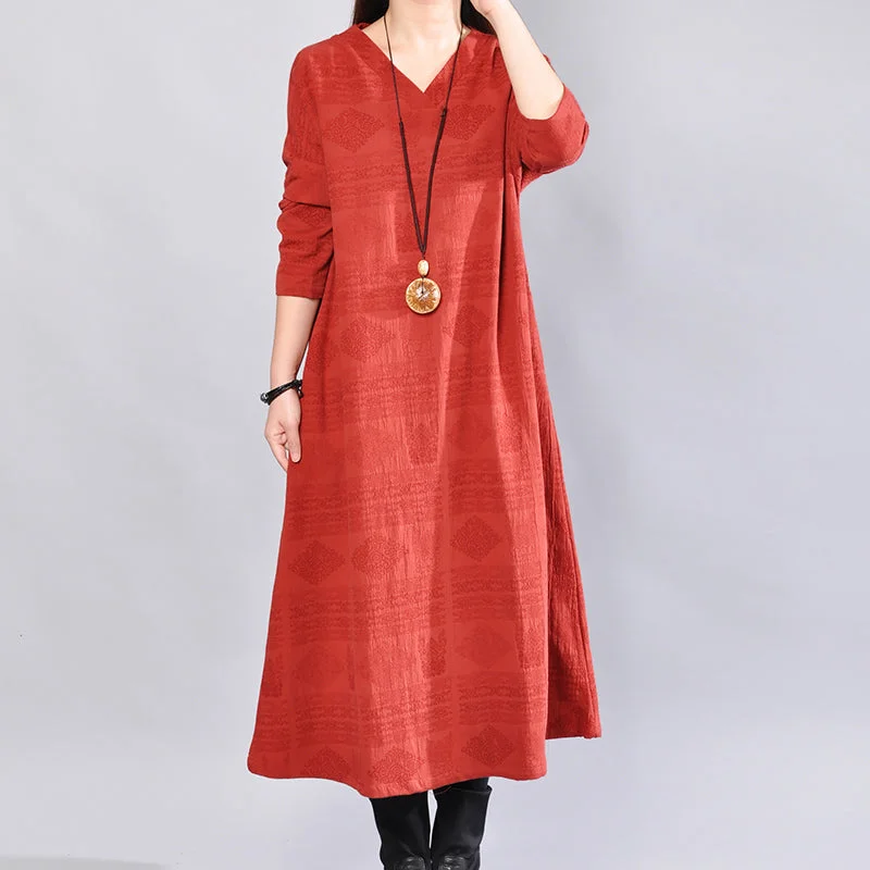 midi party dressesfashion burgundy Midi-length linen dress oversize linen clothing dresses Elegant back side open v neck linen clothing dress