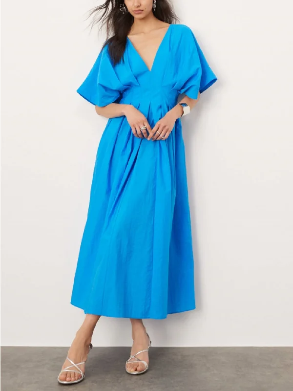 short sleeve midi dressesV-Neck Short Sleeve Charming Midi Dress In Blue