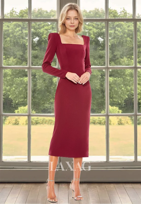 midi dresses for weddingsSquare-Neck Long-Sleeves Mermaid Mother of the Bride Dress Pleated Satin Midi Cocktail Gowns