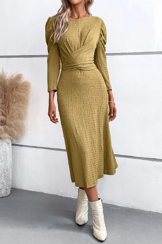 sleeveless midi dressesCrisscross Tied Puff  Casual Long Sleeve Midi Dress