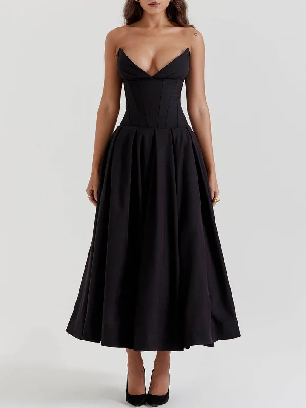 casual chic midi dressesBlack Strapless Stylish Midi Dress