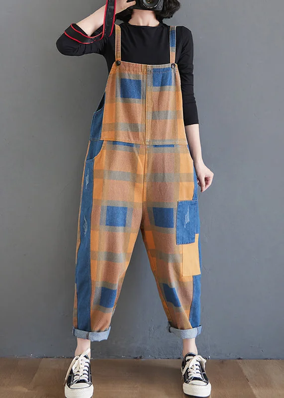 women's jumpsuits with long sleevesUnique Plaid Pockets High Waist Patchwork Cotton Jumpsuit Fall