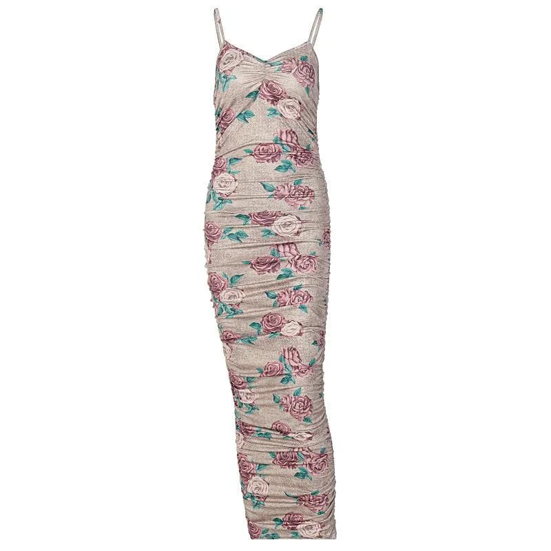 flowy midi dressesSleeveless flower pattern v neck ruched backless midi dress