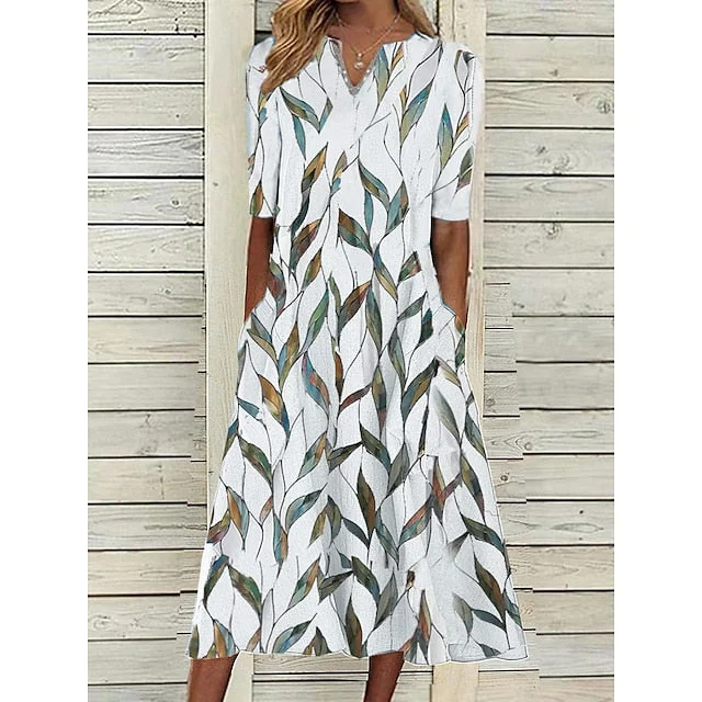 open-back midi dressesCityHottie - Women's Casual Dress Shift Dress Midi Dress White Blue Half Sleeve Leaf Print Summer Spring V Neck Classic Vacation 2024 S M L XL XXL 3XL