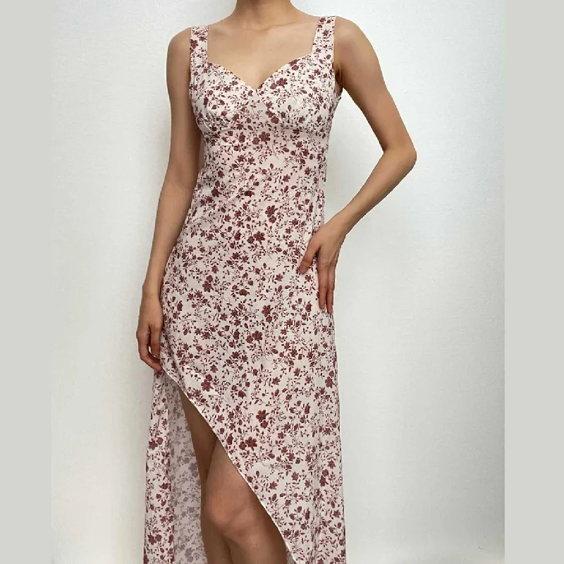 everyday midi dressesContrast flower print slit irregular backless midi dress